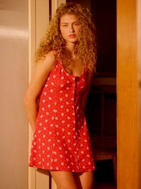 NTW Sezane Red Floral Button-Front Slip Dress - Size small